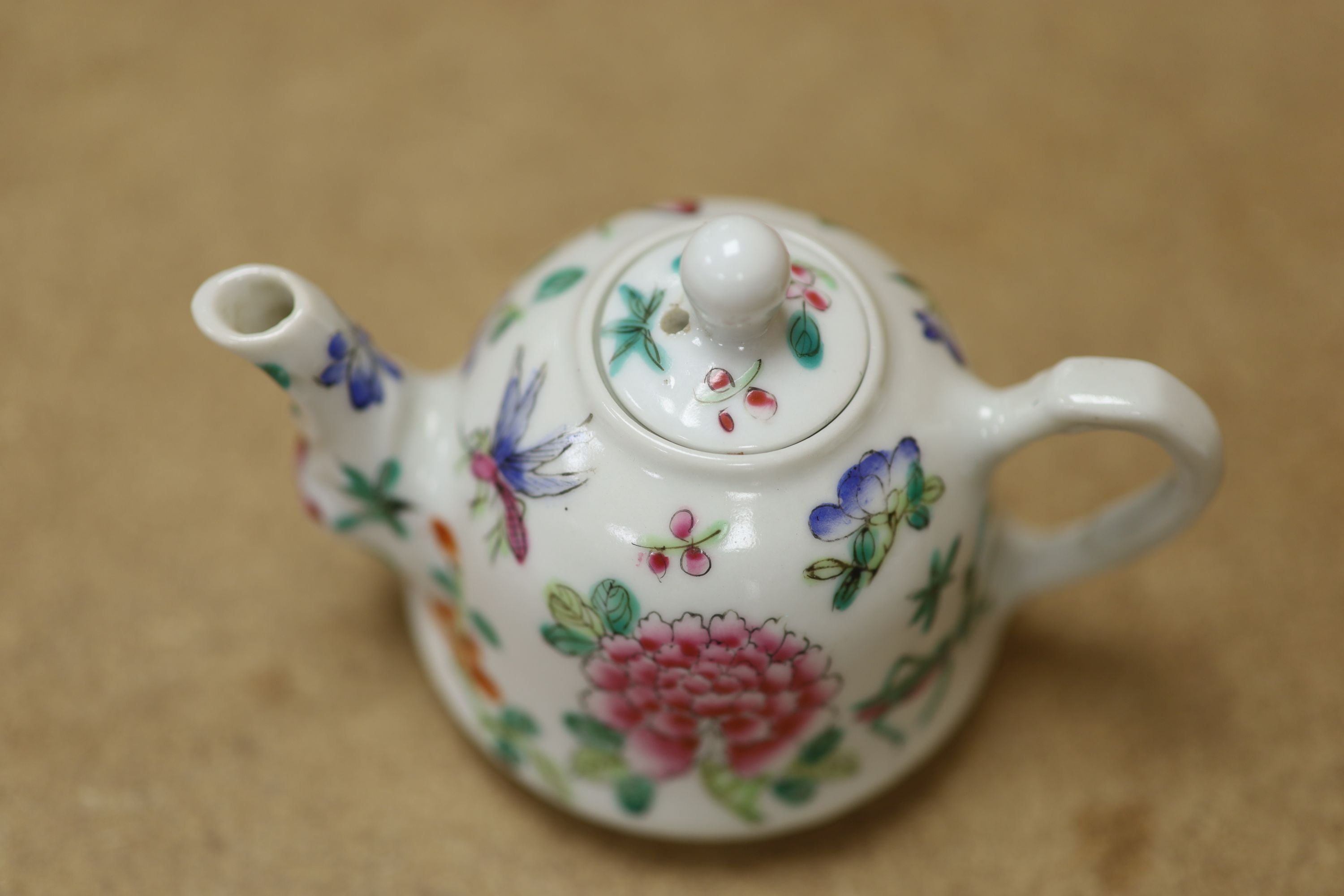 A Chinese Famille Rose miniature tea set with tray, length 18cm